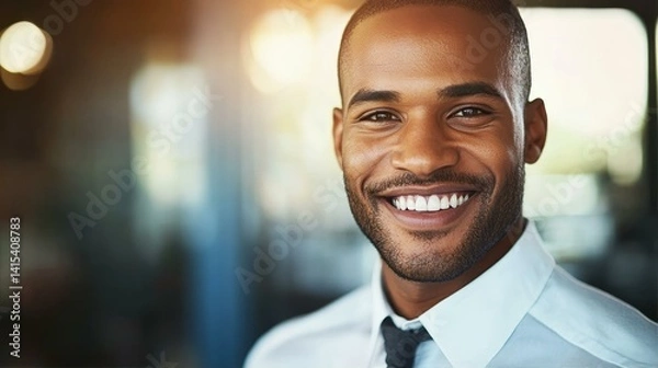 Obraz Young man smiling confidently in professional attire, conveying success and self-assurance in a modern workplace.