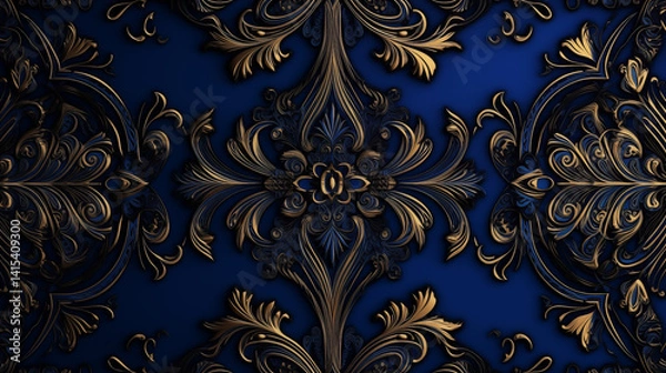 Fototapeta Intricate Ornament Pattern in Gold and Blue for Elegant Background