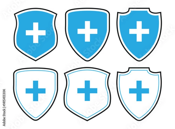 Obraz Shield icon with health cross. Health protection shield. Icon with reflection on white background.