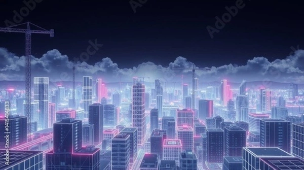 Obraz Futuristic Neon Cityscape with Construction Cranes at Night..