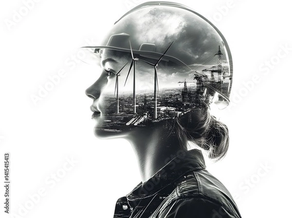 Fototapeta A double exposure photograph on engineer and windmills on a white background