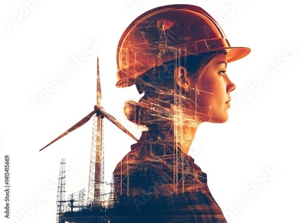 Fototapeta A double exposure photograph on engineer and windmills on a white background