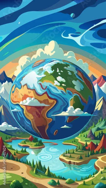 Fototapeta A colorful drawing of the Earth with mountains and a large planet in the background. The drawing conveys a sense of wonder and awe at the vastness of the universe