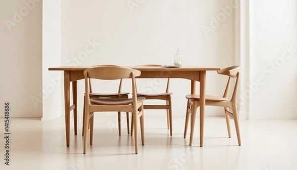 Fototapeta The dining room features a sleek, rectangular table made of natural wood with clean lines and no visible embellishments