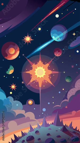 Fototapeta A space scene with a large orange planet in the center and several other planets surrounding it. Scene is one of wonder and exploration, as if the viewer is looking out into the vastness of space
