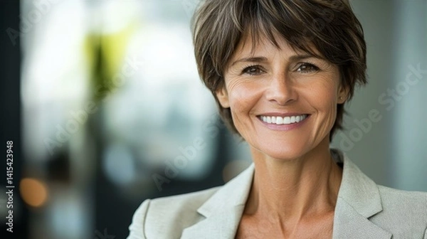 Obraz Confident professional woman smiling in office, embodying success and approachability in corporate setting.