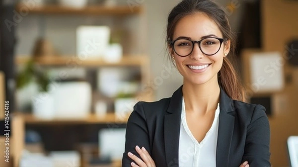 Obraz Confident professional woman smiling in office, embodying success and approachability in corporate setting.
