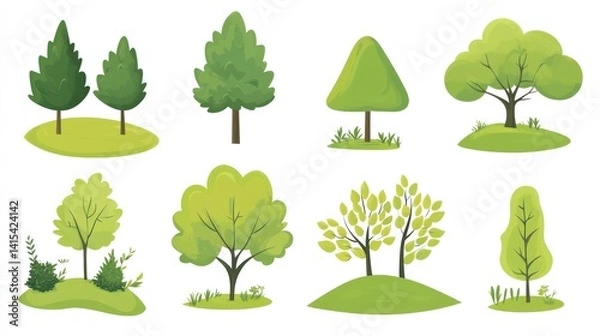 Fototapeta Colorful cartoon trees on grassy knolls. Various tree types. Background Grassy hills. Possible use Children's book illustration