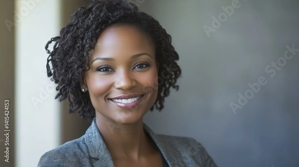 Obraz Confident professional woman smiling in office, embodying success and approachability in corporate setting.