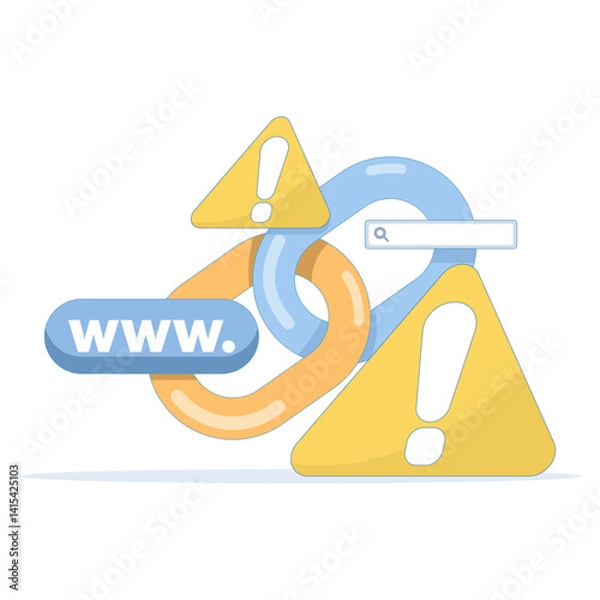 Fototapeta dangerous and suspicious link concept. warning notification if website address is not safe. warning sign with chain and search field. illustration of minimalist symbol or icon.
