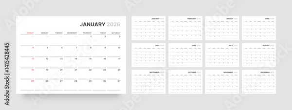 Fototapeta Monthly calendar layout for 2026 year. Diary planner for 2026 year. Week Starts on Sunday. 