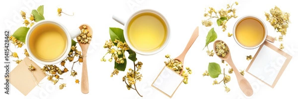 Fototapeta Set of Flat lay of herbal tea with two white tea cups, a teapot, and fresh green tea leaves on a rustic wooden table on transparent png background. Ai generated