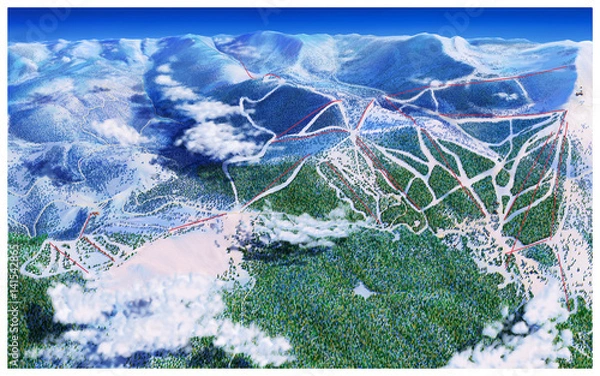 Fototapeta Ariel view of mountains, clouds and ski trails with a view far enough away to start showing the curve of the earth in the background mountains
