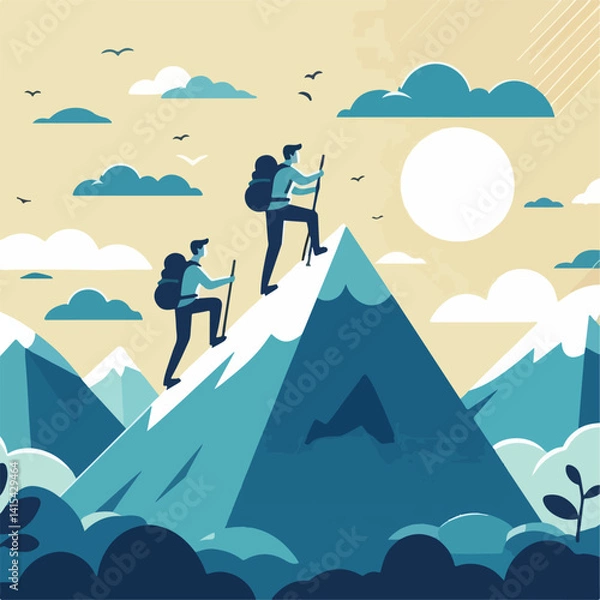 Fototapeta vector image of a person climbing a mountain