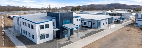 Fototapeta Secure Almond Processing Plant Aerial View - Modern facility, showcasing almond processing, research, and storage. Symbolizing efficiency, quality, nutrition, sustainability, and innovation