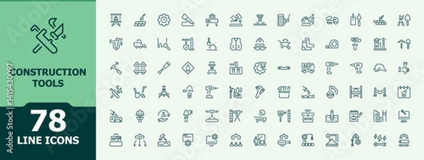 Obraz Construction Tools icon set. Includes symbols for house, paint, plumbing, mechanic, work and more. Minimal thin line web icons set. Machinery vector line icon set. Vector illustration.