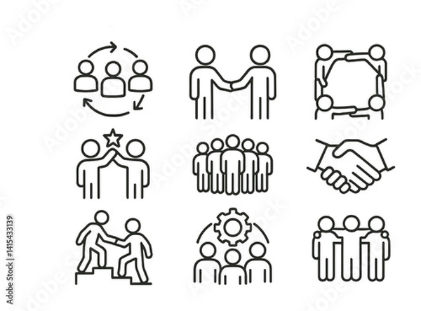 Obraz Collaboration and teamwork icon set: linear design for business and networking