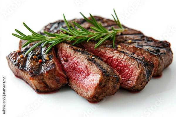 Fototapeta Juicy grilled steak with charred grill marks, served with colorful grilled vegetables and a side of creamy mashed potatoes on a rustic wooden platter.