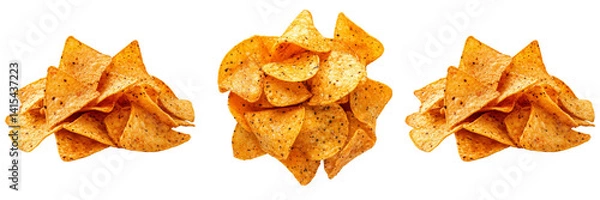 Fototapeta Set of A high-resolution close-up of a pile of golden triangular corn tortilla chips on a rustic wooden table on transparent png background. Ai generated