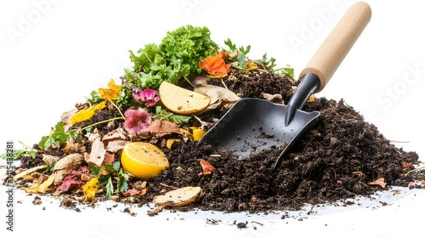 Obraz small hand shovel scooping compost with organic waste like fruit peels and leaves on white background