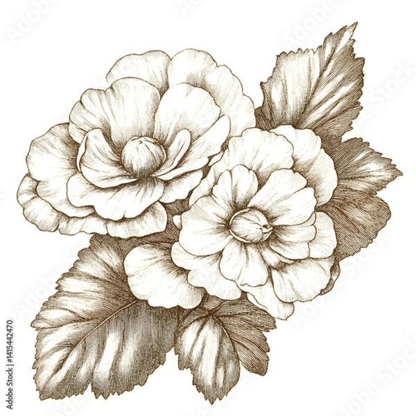 Fototapeta vintage begonia flower sketch with engraved lines and soft faded tones antique botanical drawing clip art white background