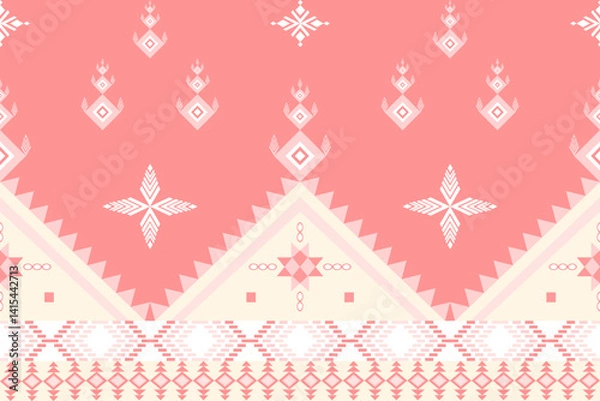 Obraz This coral-hued textile pattern features geometric star motifs, diamond shapes, and triangular borders in white.