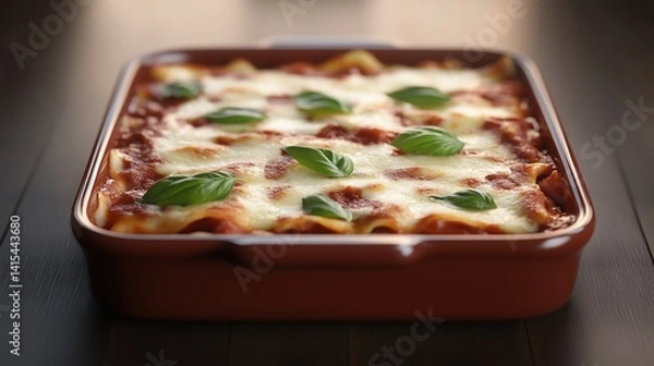 Fototapeta Delicious homemade lasagna with fresh basil on top served in a ceramic dish on a wooden table