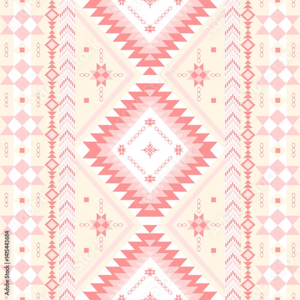 Obraz Bohemian coral pattern with Native American diamonds. Subtle zigzags and star motifs on cream create versatile textile art for modern rustic decor.​​​​​​​​​​​​​​​​