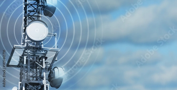 Obraz antenna tower as phone base station  with radio waves isolated on cloudy sky background, concept with copy space for wireless and mobile communication, tv and internet