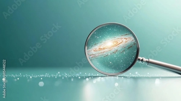 Fototapeta Galactic Exploration Symbol, a vibrant green backdrop highlights a cartoon magnifying glass revealing a swirling galaxy and sparkling stars, embodying innovation and potential.