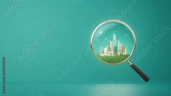 Fototapeta Cartoon magnifying glass over a glowing futuristic cityscape on a vibrant green background, symbolizing exploration and innovation in technology