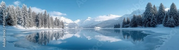 Fototapeta A panoramic view captures a frozen lake reflecting snow-covered mountains and evergreen trees on a clear day.