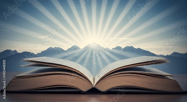 Fototapeta Open Book Against Mountain Range at Sunrise Reading Concept