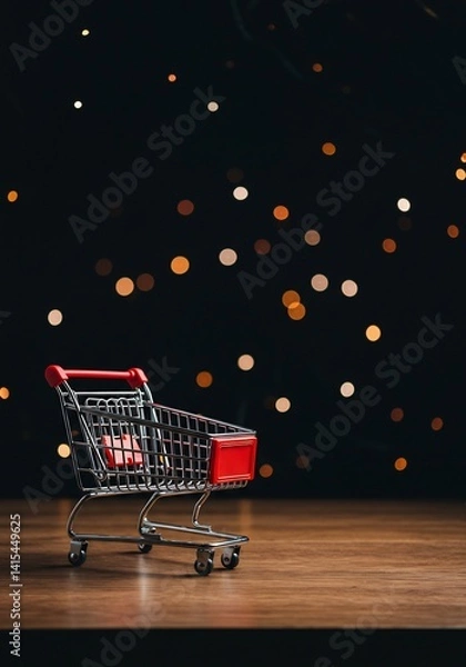 Fototapeta Mini shopping cart gift bokeh lights dark wood background. AI Generated