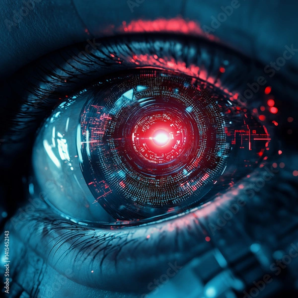 Fototapeta A futuristic representation of a robotic eye. Focused robot look. Abstract high tech concept. Digital or electronic technology. Generative AI. Illustration for banner, cover, brochure or presentation
