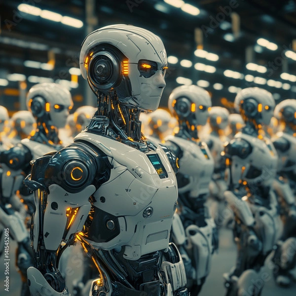 Fototapeta A large warehouse stock of robots in production with a selective focus on one cyborg. Robotic army of the future. Artificial intelligence. Science fiction. Illustration in technological style