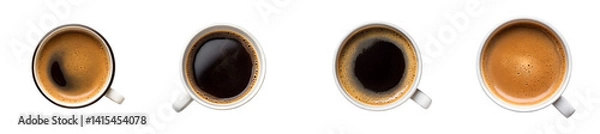 Fototapeta Four cups of coffee in varying shades from a top down view transparent background Generative AI