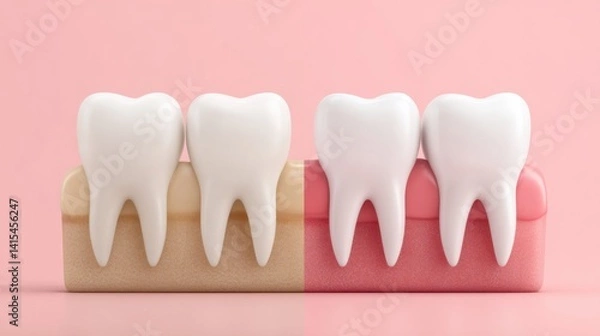 Obraz Gum recession vs normal gum line in clean 3D style. Soft and clear illustration of dental care differences