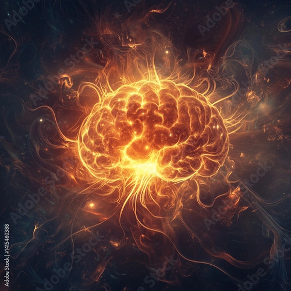 Fototapeta Electronic circuit board or scheme close up. The concept of artificial intelligence. An abstract button designed as a glowing brain. Turn on your mind energy. Technologies of the future. Illustration