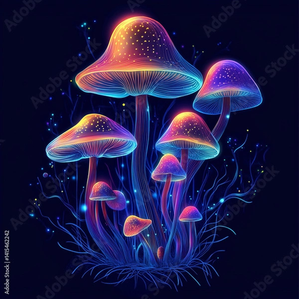 Fototapeta Magical neon mysterious mushrooms. Growing microorganisms. Generative AI illustration. Fancy design for banner, poster, postcard, cover, brochure or presentation.