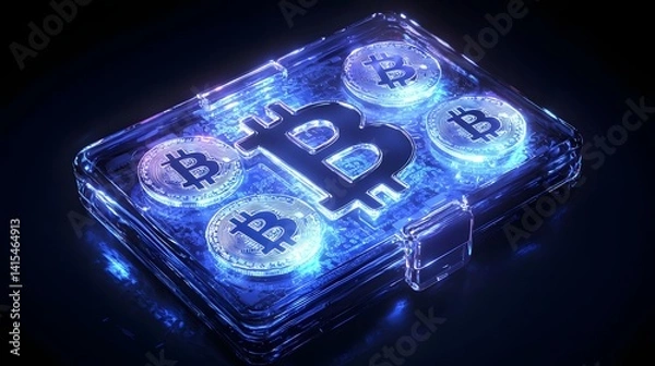 Fototapeta Transparent Digital Crypto Wallet Hologram with Glowing Cryptocurrency Symbols Concept of Future Finance