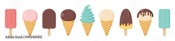 Fototapeta Set of tasty ice creams. Collection different ice-cream cones and popsicle isolated on white background. Sweet summer delicacy. Vector illustration