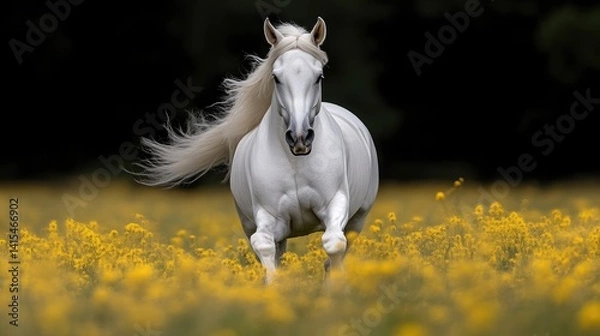 Fototapeta Majestic white horse in a field of yellow flowers.  A beautiful, powerful animal with flowing mane and tail, running through a vibrant field of rapeseed.  