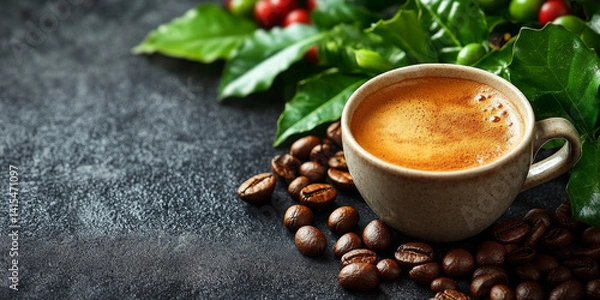 Obraz Cup of coffee with roasted coffee beans on a black background, copy space