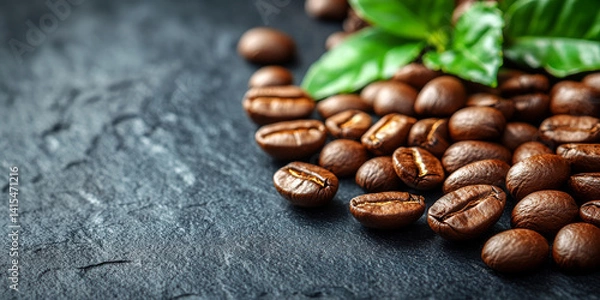 Obraz Roasted coffee beans with green coffee tree leaves on black background, copy space