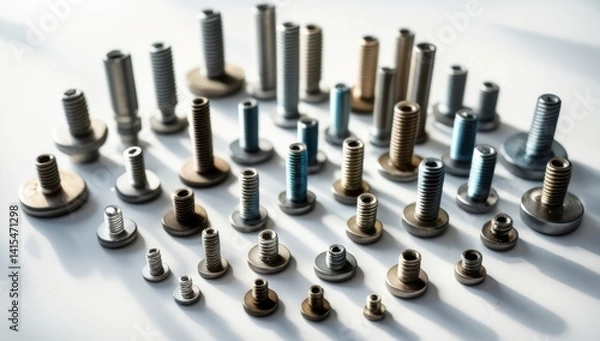 Fototapeta Close-up of Various Metal Bolts and Screws on White Background