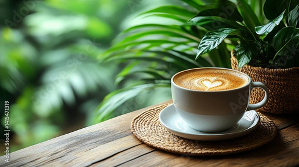 Obraz Cup of Coffee on a wooden Table in Summer Tropical Garden Outdoor, copy space. Coffee in Summer Cafe	
