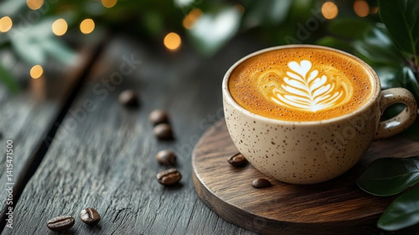 Obraz Coffee cup with latte art and coffee beans on wooden table
