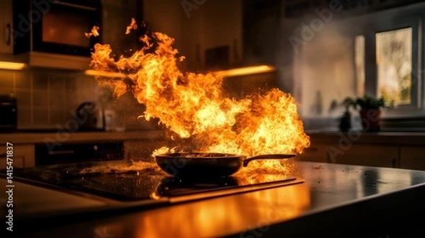 Obraz Kitchen fire accident with smoke and burning towel, caught mid-action