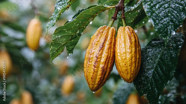 Fototapeta Cacao fruit on the tree, Cocoa pods with water drops